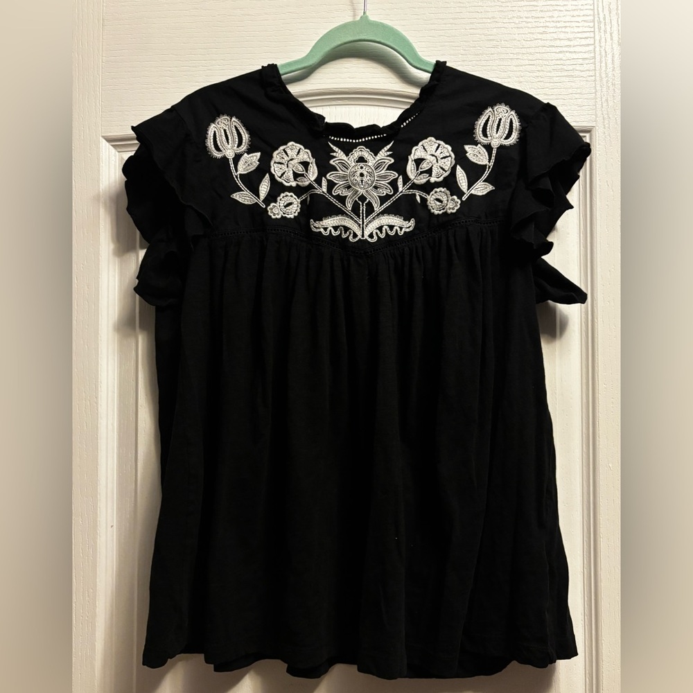 Embroidered Ruffle Sleeve Women's Top - Black with White Floral Detail